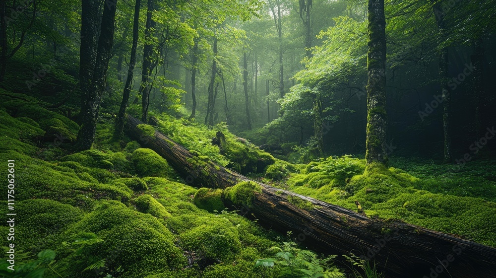 Poster lush green forest with moss-covered fallen tree creating a serene atmosphere on a foggy day in natur