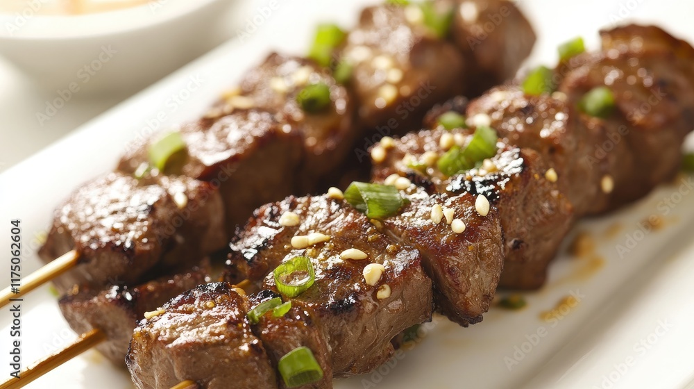 Aufkleber grilled satay skewers with tender meat garnished with green onion and sesame seeds served with peanu