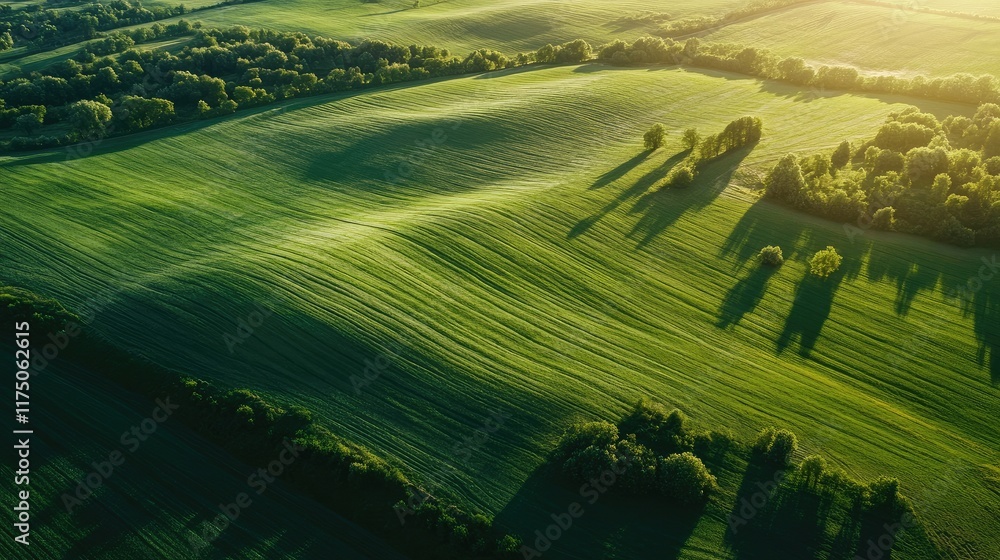 Poster aerial view of lush green fields and rolling hills showcasing natural shadows with ample space for t