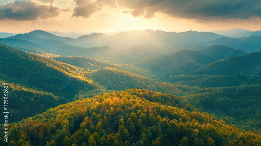 Poster Aerial view of green mountains in autumn with sun rays and technology graphics providing space for text or branding placement