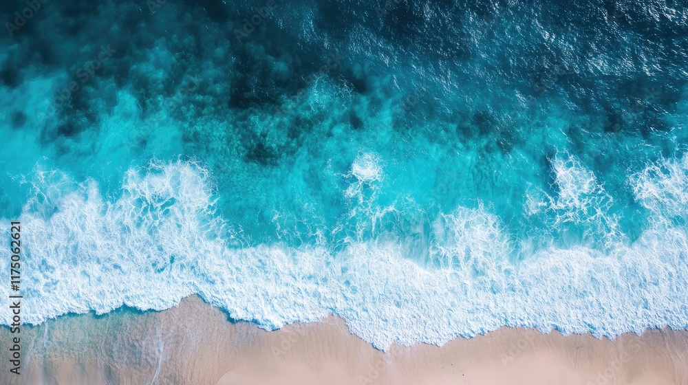 Poster aerial perspective of turquoise ocean waves crashing on sandy beach with ample space for text or bra