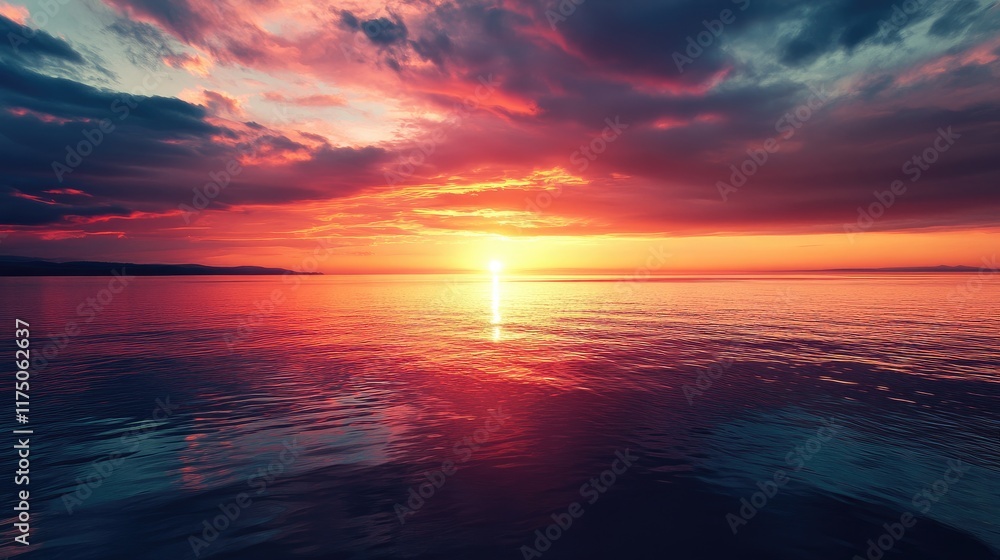 Aufkleber stunning sunrise over calm waters with vibrant colors reflecting in the sky and serene atmosphere cr