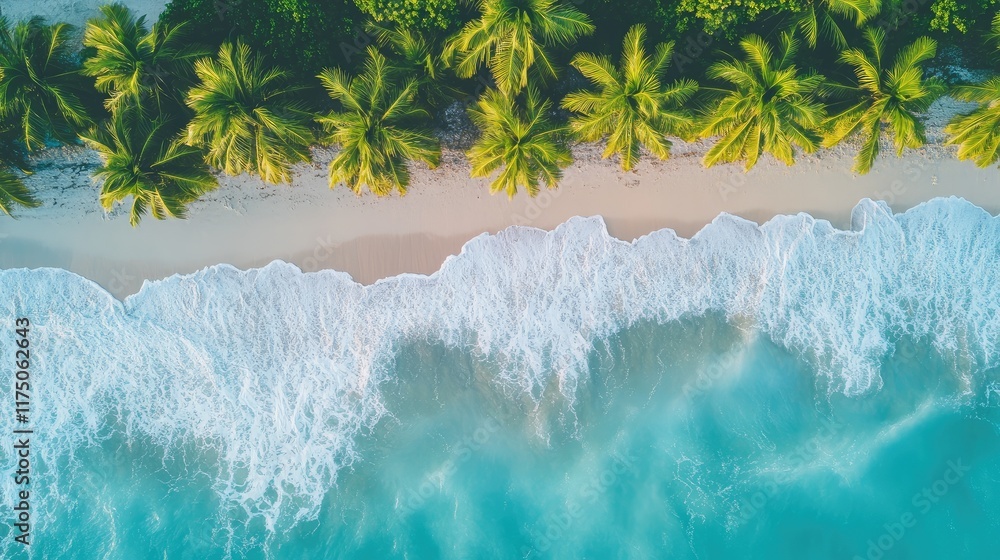 Poster aerial view of tropical beach with palm trees and waves creating serene atmosphere ideal for travel 