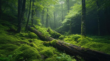 Naklejka premium Lush green forest with moss-covered fallen tree creating a serene atmosphere on a foggy day in nature's untouched beauty