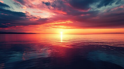 Obraz premium Stunning sunrise over calm waters with vibrant colors reflecting in the sky and serene atmosphere creating a tranquil landscape scene