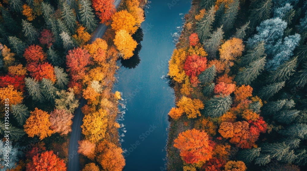 Aufkleber Aerial View of Colorful Autumn Forest with River Displaying Rich Fall Foliage and Clear Copyspace for Creative Text Insertion