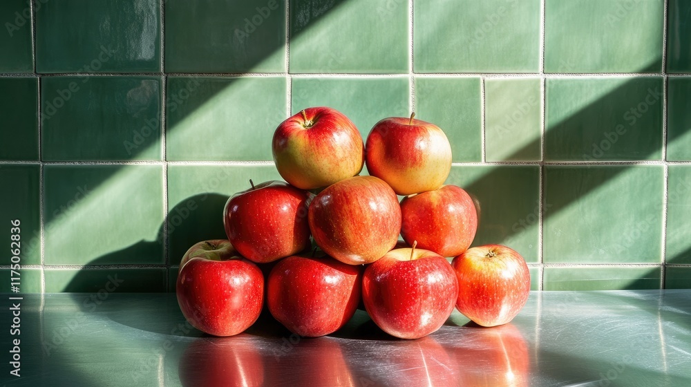 Leinwandbilder ripe red apples stacked in a pyramid on a metallic surface contrasting with a green tiled wall and s