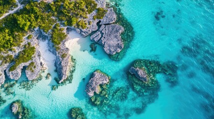 Serene aerial panorama of pristine islands surrounded by crystal clear turquoise waters and vibrant coastal vegetation