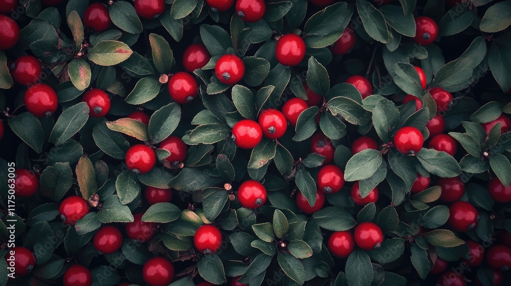 Poster aerial view of lush green shrubbery adorned with bright red berries providing ample space for text a