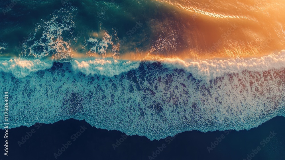 Fototapete aerial perspective of ocean waves crashing on a serene beach during sunset with ample space for text