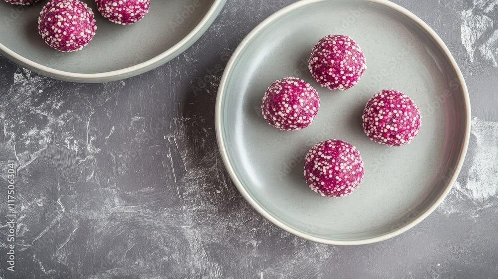 Aufkleber Amaranth ladoo with white sprinkles arranged on elegant plates against a textured background