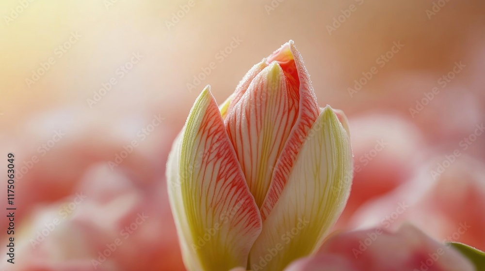 Poster amaryllis flower macro photography showcasing intricate details and soft pastel colors in a blurred 