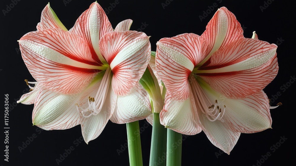 Poster amaryllis flower close-up showcasing intricate petal details against a dark background for botanical