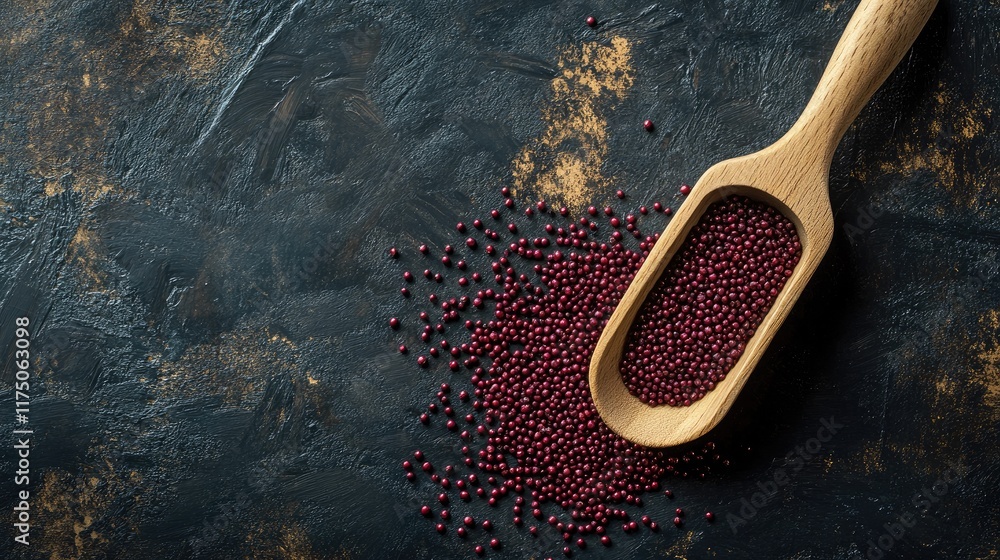 Poster Amaranth seeds scattered from a wooden scoop on textured dark background showcasing healthy grains and natural food concepts