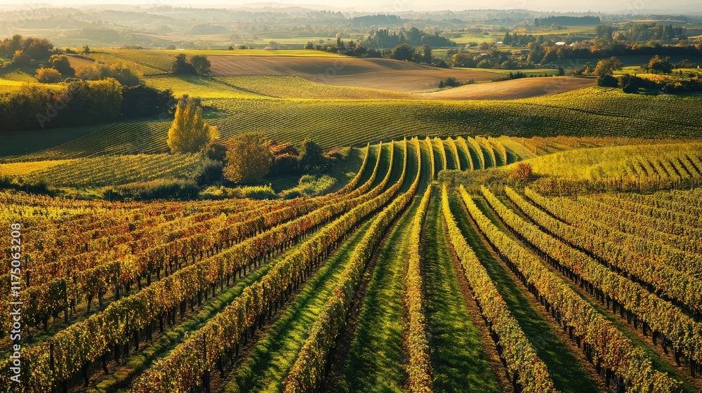 Poster Aerial view of vibrant autumn vineyards in the countryside showcasing lush rows of grapevines under a golden sunset with empty space for text