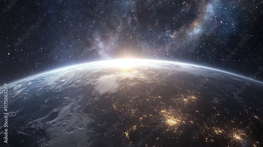 Poster stunning view of earth with milky way galaxy and stars in the background during twilight hours