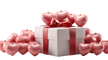 Pink Hearts Gift Box Valentine's Day Romantic Present 3D Render, studio view, isolated on transparent background.