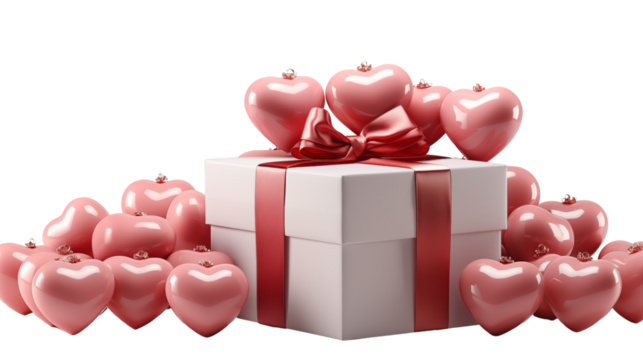 Pink Hearts Gift Box Valentine's Day Romantic Present 3D Render, studio view, isolated on transparent background.