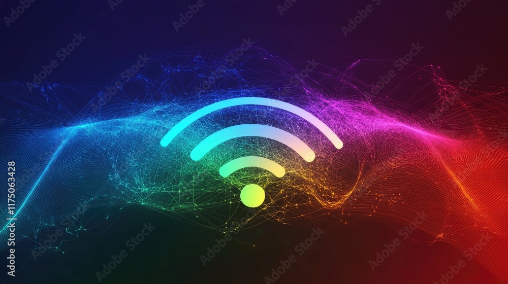 Poster a colorful, abstract representation of electromagnetic waves affecting radio signals and wi-fi netwo