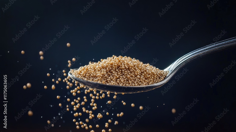 Poster amaranth grains being poured from a spoon showcasing their gluten free and nutritious qualities in a