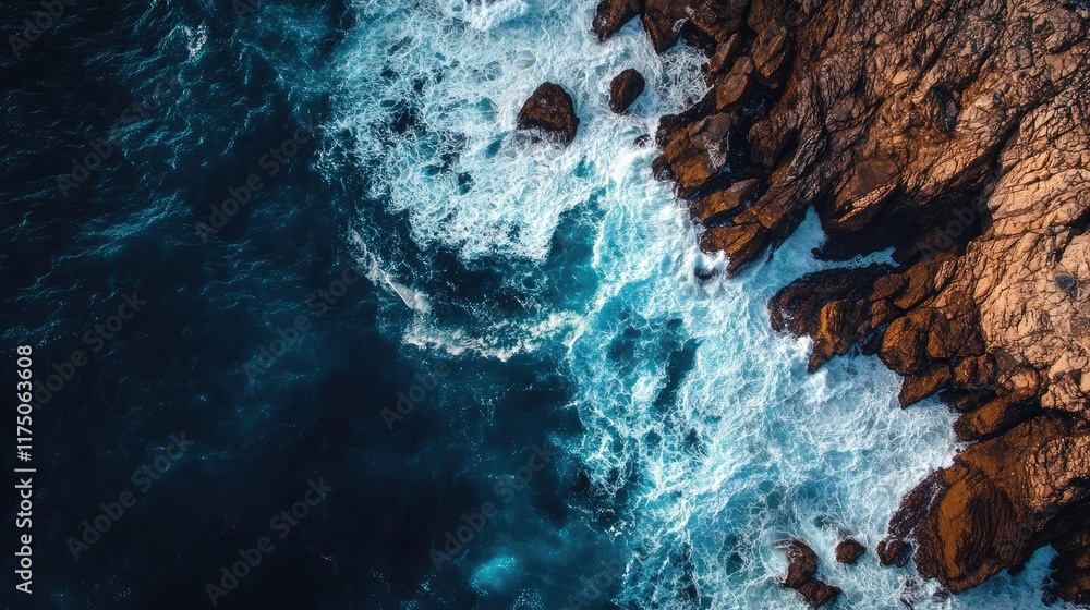 Aufkleber aerial perspective of dynamic ocean waves crashing against rugged rocks ideal for nature and travel 