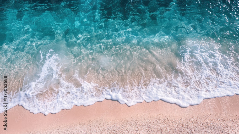Poster Aerial view of pristine beach with turquoise waters and gentle waves lapping on soft sandy shore in tropical paradise setting