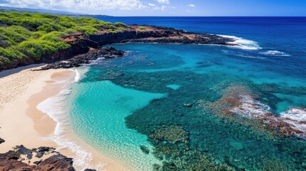 Obraz premium Aerial View of Serene Turquoise Waters and White Sand Beach in a Remote Coastal Cove