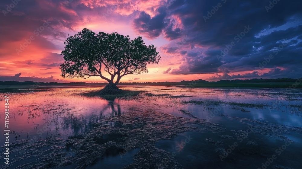 Poster breathtaking sunset landscape with isolated tree reflecting in water under a dramatic sky on tranqui