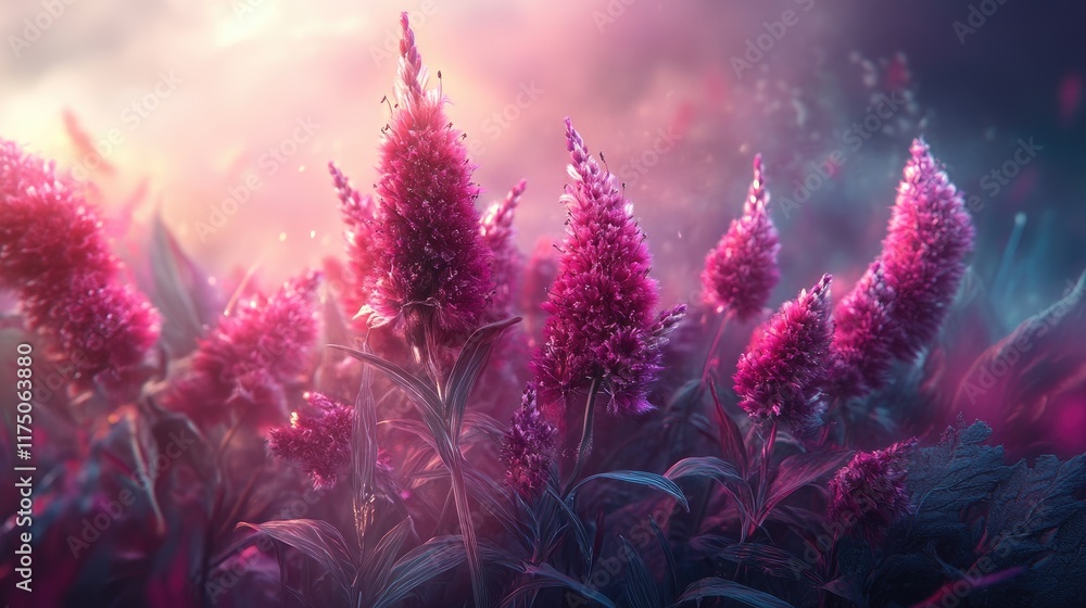 Poster vibrant amaranth flowers bathed in soft light creating a dreamy atmosphere in a lush garden setting