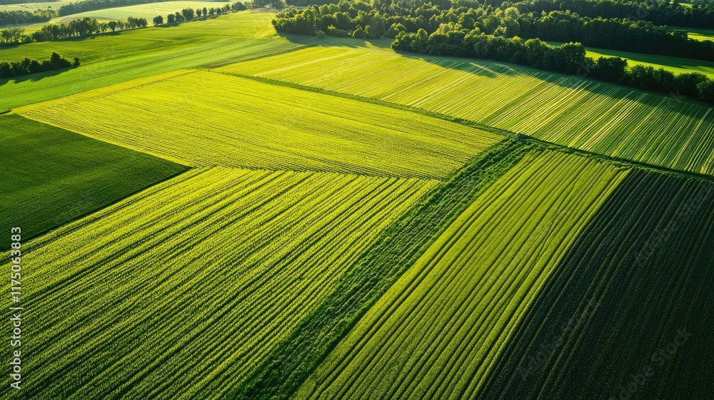 Poster Aerial view of lush green farmland with varied textured patterns and open space for text overlay in a vibrant agricultural landscape