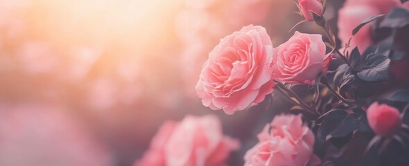 Beautiful pastel pink roses on a soft, blurred background, with a banner and copy space area for a Valentine's Day card or wedding invitation design. Romantic rose flowers in close-up view. Valentine