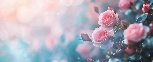 Beautiful pastel pink roses on a soft, blurred background, with a banner and copy space area for a Valentine's Day card or wedding invitation design. Romantic rose flowers in close-up view. Valentine