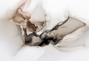 Abstract liquid art with white, black, brown, and gold tones.