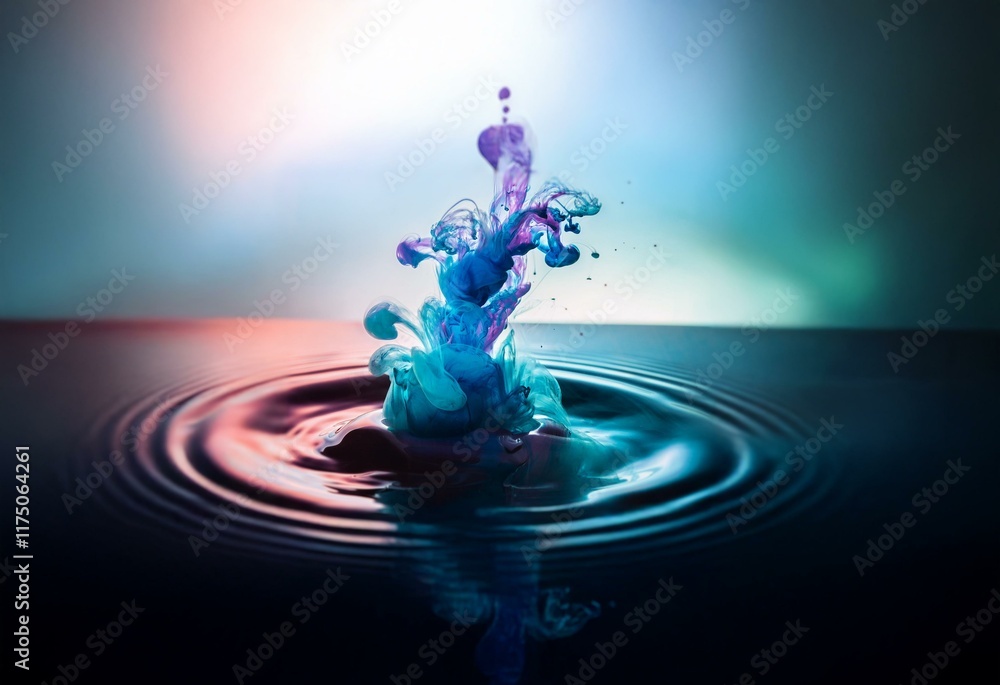 Fototapete a blue and purple ink drop explodes into a swirling, colorful cloud in a dark pool of water, creatin