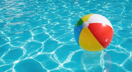 Swimming pool, crystal clear turquoise water, sunlit ripples, colorful beach ball floating, vibrant rainbow colors, summer fun, refreshing aqua tones, sunlight reflections, pool tile pattern, vacation