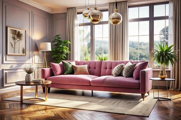 Obraz premium Pink Sofa Living Room Interior - Modern Cozy Home Design Stock Photo