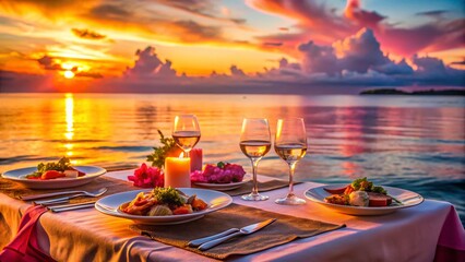 Fototapeta premium Pink Sunset Ocean Food Photography: Serene Beach Dinner