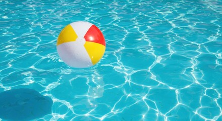 Swimming pool, crystal clear turquoise water, sunlit ripples, colorful beach ball floating, vibrant rainbow colors, summer fun, refreshing aqua tones, sunlight reflections, pool tile pattern, vacation