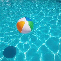 Swimming pool, crystal clear turquoise water, sunlit ripples, colorful beach ball floating, vibrant rainbow colors, summer fun, refreshing aqua tones, sunlight reflections, pool tile pattern, vacation