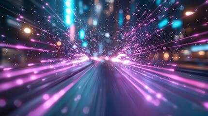 Obraz premium Futuristic City Nightscape High Speed Motion Blur with Purple and Teal Light Trails