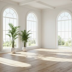Fototapeta premium Bright airy room, arched windows, sunlight streaming in, white brick walls, wooden floor, potted palm trees, minimalist interior, empty space, architectural rendering, soft shadows, natural light, hig