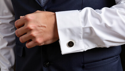 Dress cod. Man adjusting cufflink on formal shirt