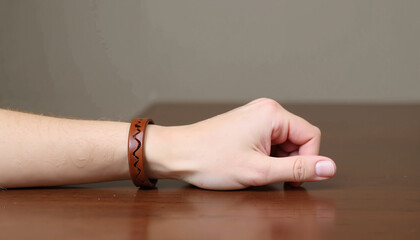 bracelets on hand. Hand with brown leather bracelet resting on wooden table