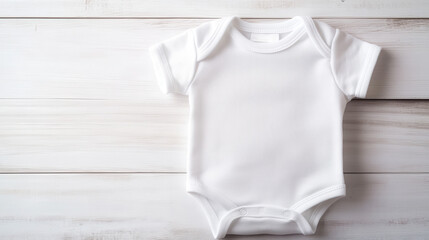 Folded baby onesie on white wooden table