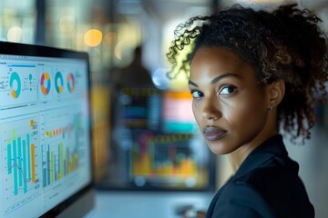 Businesswoman Working on a Graph on Computer in Office Seen from Behind