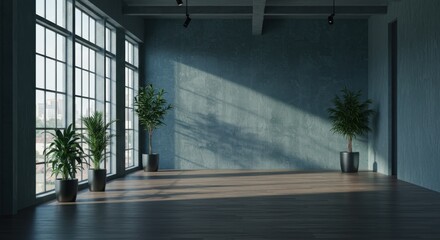 Fototapeta premium Industrial loft space, large windows, sunlight streaming in, dramatic shadows, empty room, potted plants, concrete floor, exposed pipes, minimalist interior, moody atmosphere, high ceiling, urban aest