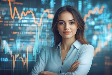 Young financial consultant in urban setting with double exposure of graphs and dynamic data visuals