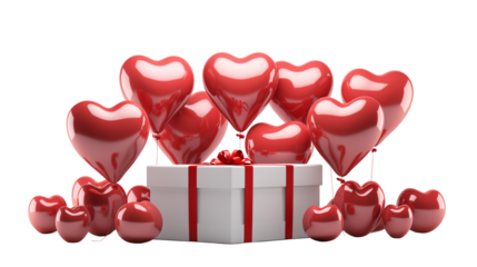 Red Heart Balloons Gift Box Valentine's Day Romantic Love, studio view, isolated on transparent background.