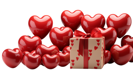 Red Hearts Gift Box Valentine's Day Romantic Love Present, studio view, isolated on transparent background.