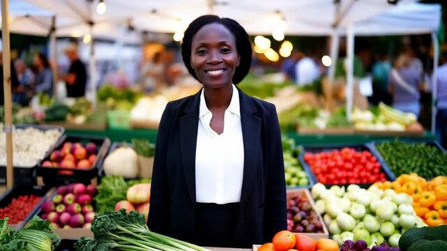 Smiling vendor at vibrant farmers market stall displaying fresh produce